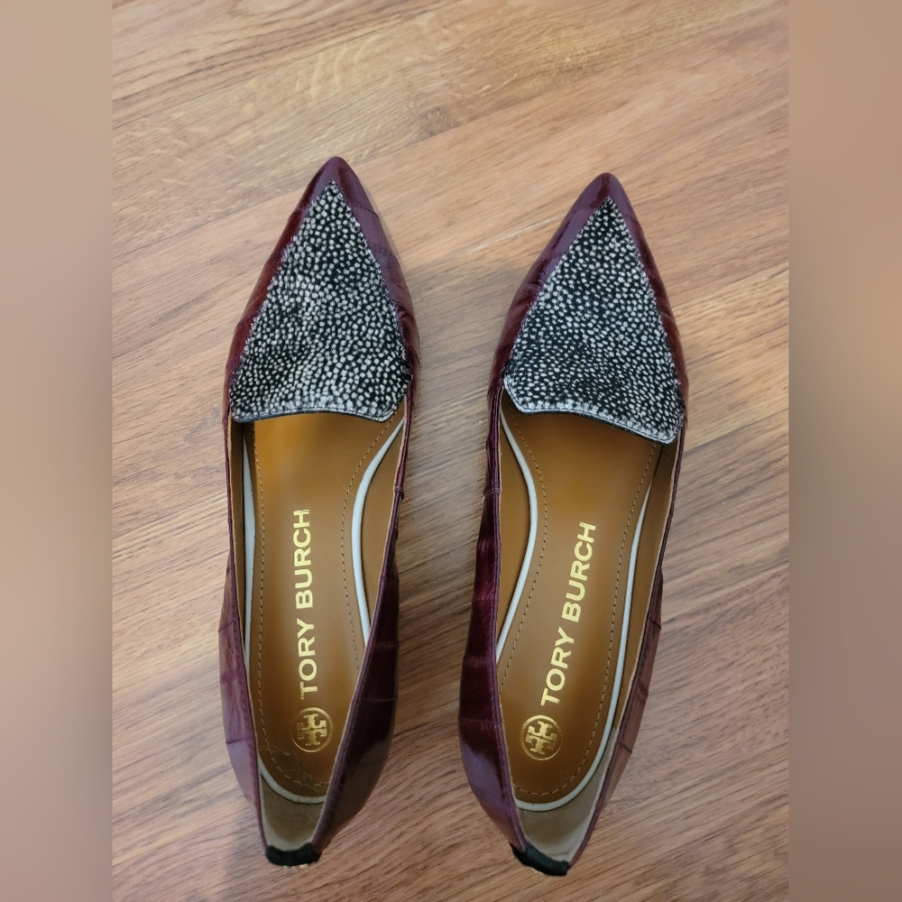 Tory Burch Loafer Lila Calf Hair Women 8 Wine Red Spotted Black Leather Pointed